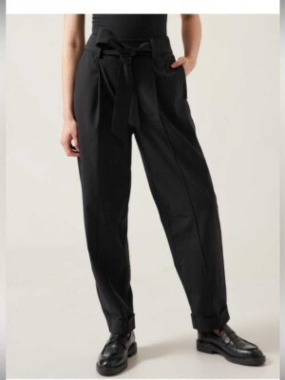 Athleta Black Cardiff Pants, High Waisted Trousers with Waist Tie Bow, Work Pant